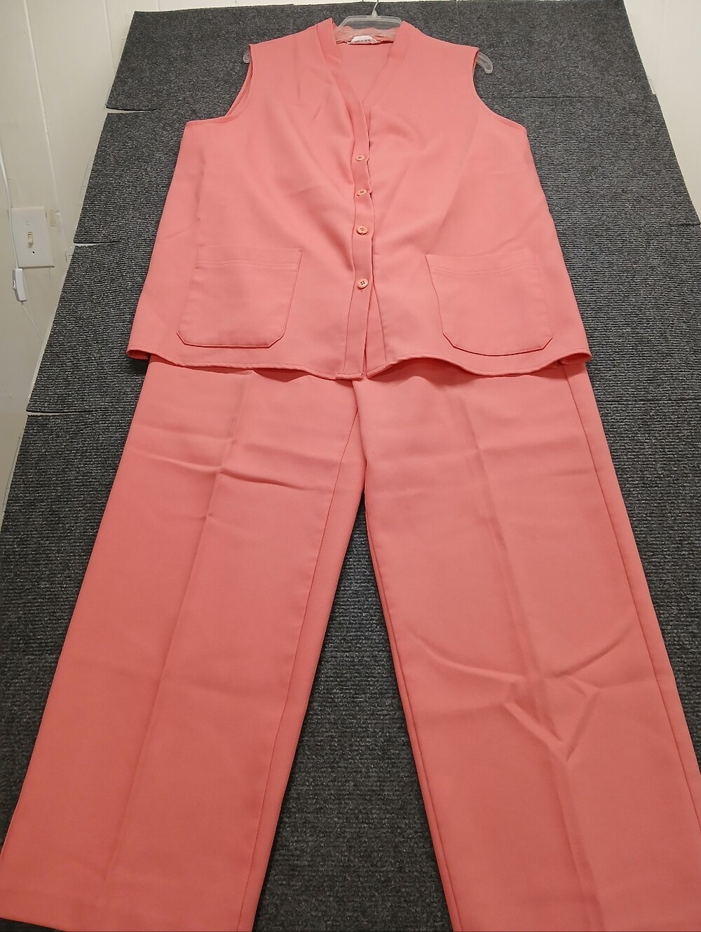 Vtg Levi Sleeveless Button Vest & Wide-Leg Pants Set - Coral Pink Plus Size 36